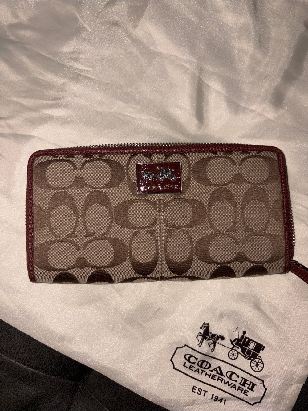 Coach Brown Signature Canvas Zip Card Holder with Maroon Trim